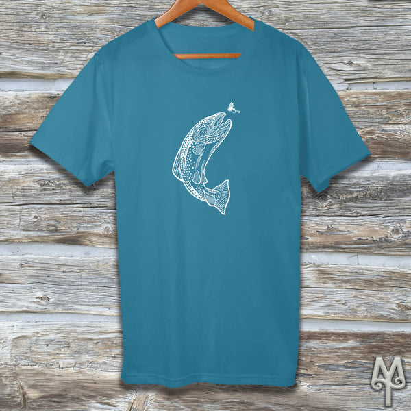 Brown Trout, white logo t-shirt, Aqua