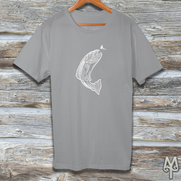 Brown Trout, white logo t-shirt, Grey