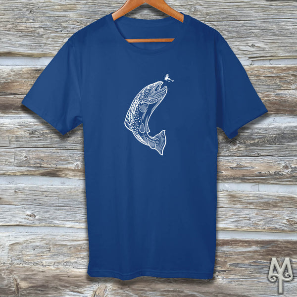 Brown Trout, white logo t-shirt, Royal Blue