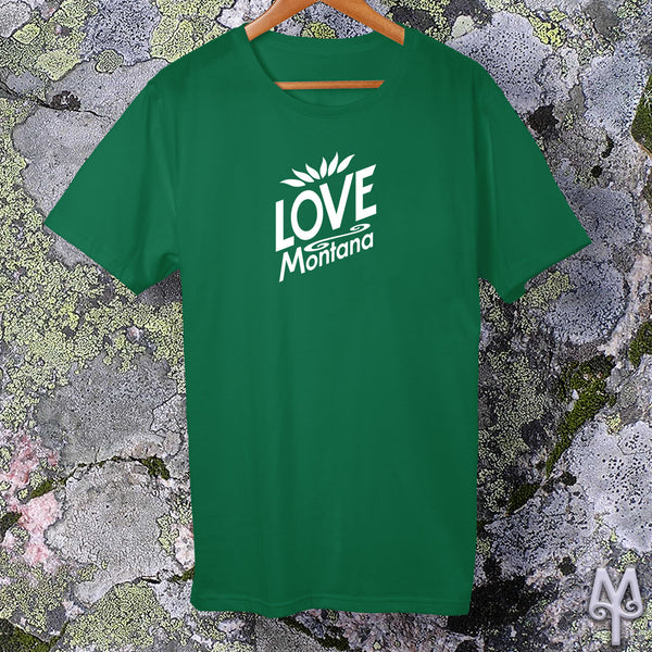 Love Montana, white logo t-shirt, Kelly Green