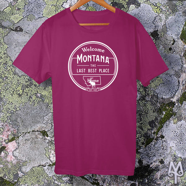 Montana The Last Best Place, white logo t-shirt, Berry