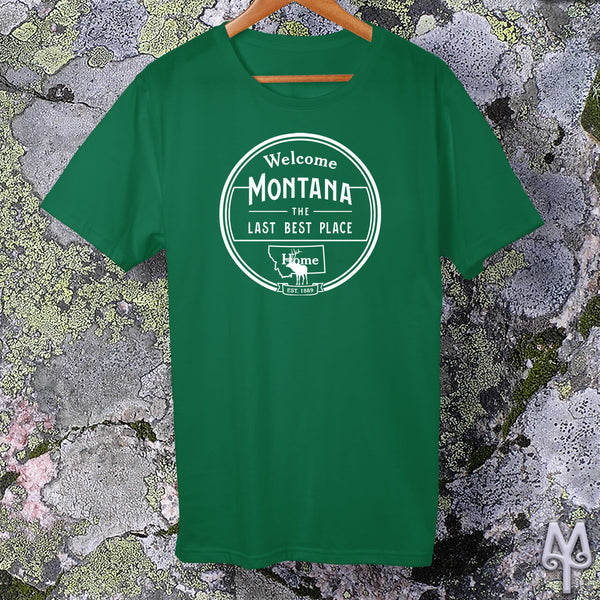 Montana The Last Best Place, white logo t-shirt, Kelly Green