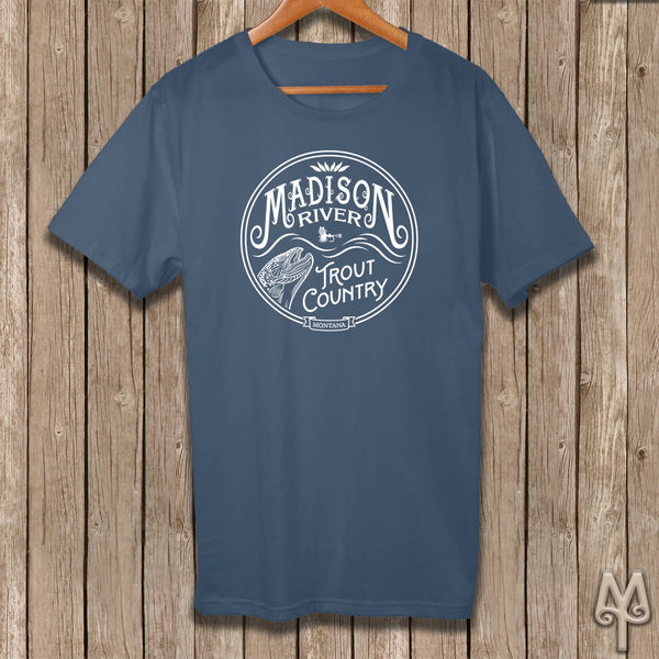 Madison River Trout Country, white logo t-shirt, Steel Blue