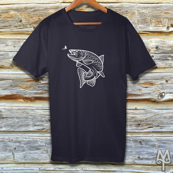 Rising Trout, white logo t-shirt, Dark Navy