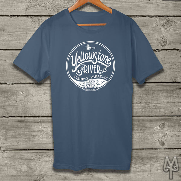 Yellowstone River Fishing Paradise, white logo t-shirt, Steel Blue